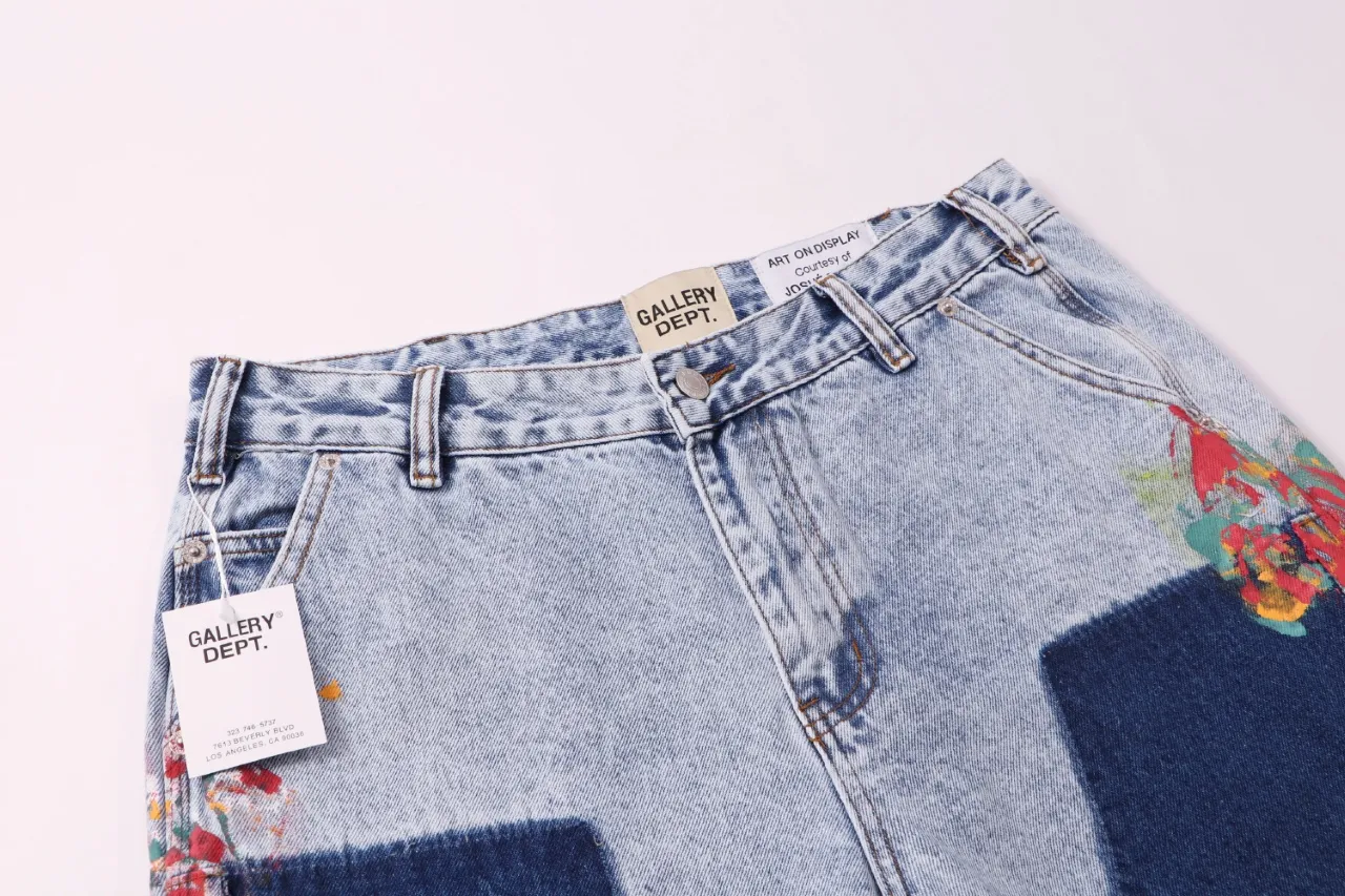 666#Gallery Dept new ink and paint patch splicing patch overalls logging pants washed blue splicing bootcut jeans beautiful trendy pants versatile casual trousers washed blue S~XL P290